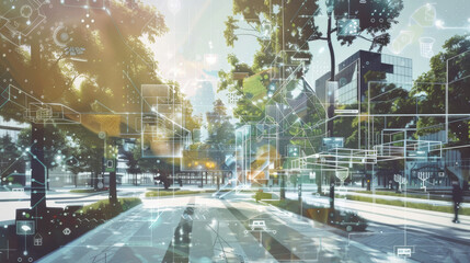 Digital overlay and urban landscape intersect, showcasing innovative technological integration in a smart city concept.