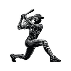 baseball  female player in cyberpunk pattern illustration, emblem shield badge