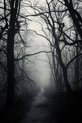 Obraz premium Mysterious Eerie Forest under the Menacing Overcast Sky - A Scene from the Nightmare or Fairy Tales