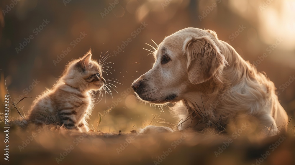 Poster at sunset, a golden retriever and a kitten meet in a field. the dog is lying down and looking at the