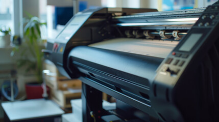 A close-up of a large format printer in operation, capturing the technical details and the focus on productivity.