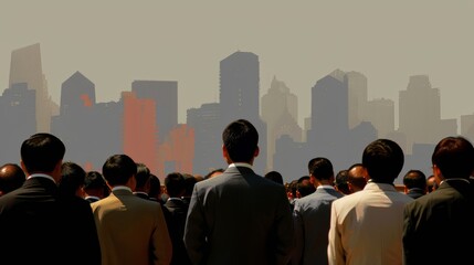 Fototapeta premium Business Crowd Facing Futuristic City Skyline at Dusk for Urban Professional Theme