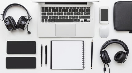 An organized layout of tech accessories and stationery, showcasing a laptop at the center surrounded by headphones, pens, and a notebook.