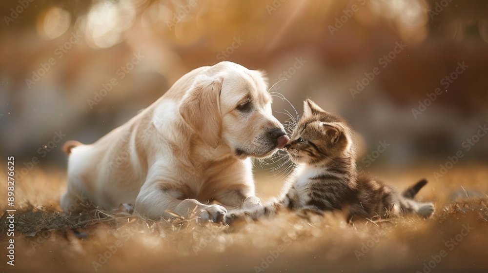 Poster A golden retriever puppy and a tabby kitten relax in the grass. The puppy gazes at the kitten lovingly as the kitten nuzzles its nose. Generative AI
