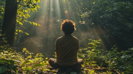 A person enjoying a peaceful moment in a lush green forest