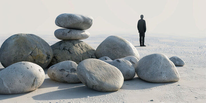 A person of indeterminate gender stands before a sparse, minimalist arrangement of stones.