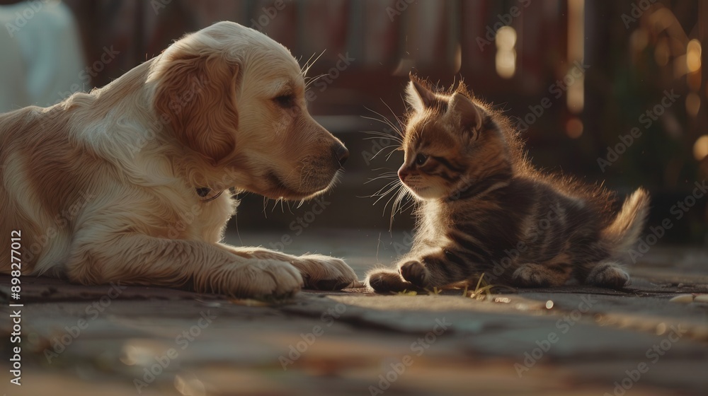 Poster a golden retriever puppy and a brown tabby kitten meet on a patio in the afternoon sun, looking at e