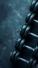 Obraz premium Fitness or bodybuilding concept background. Product photograph of old iron dumbbells on grey, concrete floor in the gym. Photograph taken from above, top view with lots of copy space