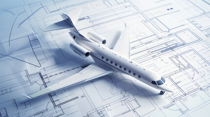 A detailed model airplane sits atop blueprints, representing aviation design and intricate engineering planning.
