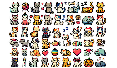 Obraz premium Set of Cute Cartoon Cats in Different Poses and Activities