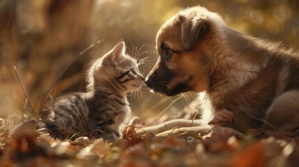 Obraz premium A small kitten and a puppy, both with brown fur, are sniffing each other while sitting amongst autumn leaves. Generative AI