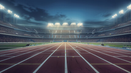 A well-lit stadium track awaits the athletes, with empty seats and dramatic lighting creating an anticipatory and serene scene.