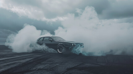 A car drifting through thick smoke on an expansive pavement, exuding power and control against a moody, cloudy sky.