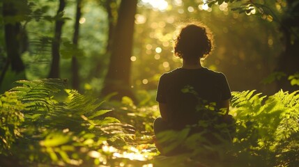 A person enjoying a peaceful moment in a lush green forest
