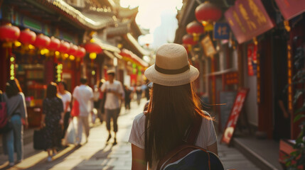 Obraz premium A woman in a straw hat and backpack walks through a vibrant, lantern-lit street during sunset, capturing the essence of cultural exploration.