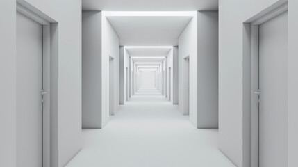 Fototapeta premium A long, white corridor with multiple doors, creating a symmetrical, endless perspective in a minimalist style.