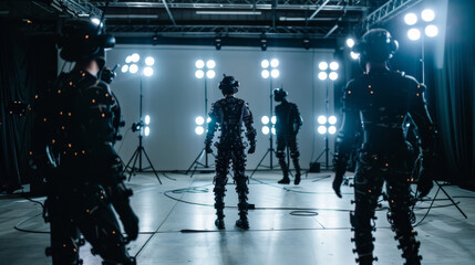 People in motion capture suits stand in a high-tech studio surrounded by bright lights, ready to bring digital characters to life.
