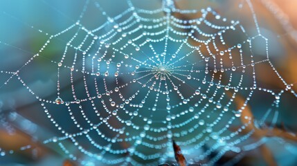 Fototapeta premium A tight shot of a spider web adorned with water droplets, nearby spider absent Blurred backdrop