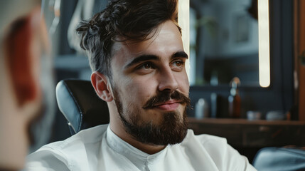 Obraz premium A young man with a stylish beard and a content expression sits comfortably in a modern setting, exuding confidence and ease.