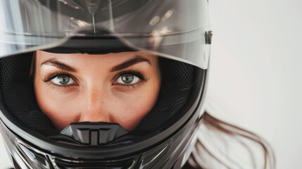 A focused close-up of a person's eyes visible through a motorcycle helmet, exuding intensity and determination.