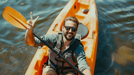 A cheerful man in a kayak flashes a peace sign while enjoying a sunny day paddling on the water.