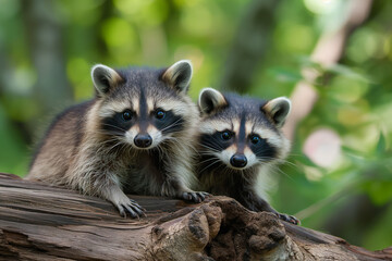 Fototapeta premium Curious Raccoon Duo: Intelligent Urban Wildlife Explorers on Weathered Log