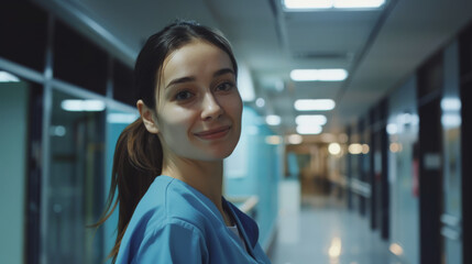Fototapeta premium A smiling nurse in blue scrubs stands in a hospital corridor, emanating warmth and assurance amidst the clinical setting.