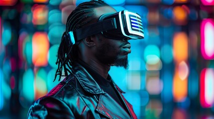 Male Engineer Wearing VR Headset Neon Virtual Reality Environment