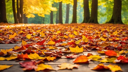 Yellow and red autumn leaves covering a wooden pathway in a forest with sunlight filtering through the trees. Nature and seasonal change concept. Horizontal view, close up
