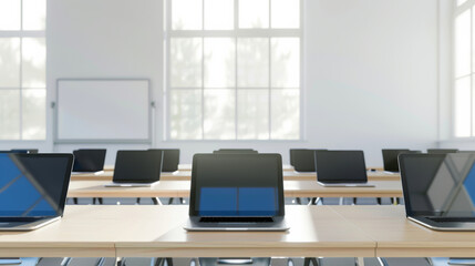 Naklejka premium Rows of sleek laptops arranged neatly in an airy, modern classroom, ready for a lesson or presentation.