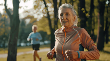 Obraz premium An elderly woman jogs in a park on a sunny day, exuding energy and joy with another jogger seen in the background.