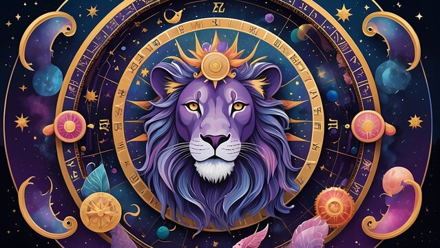 Golden wheel with zodiac symbols, lion, planets, stars on a purple backdrop. Ideal for astrologyrelated content, horoscopes, mystical designs. 10
