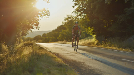 Fototapeta premium A cyclist rides solo on a sunlit road surrounded by trees and fields, enjoying the serene countryside views during golden hour.