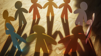 A group of vibrant cutout figures forming a circle, each casting individual shadows on a wooden surface.