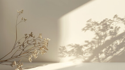 A withered branch juxtaposed against a wall, casting a delicate shadow and evoking minimalist charm and natural beauty.