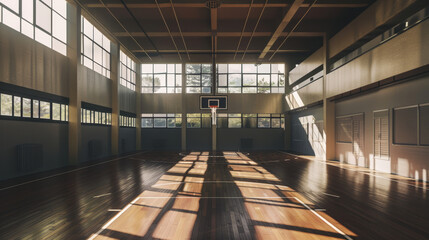 Obraz premium Sunlight streams through large windows into an empty indoor basketball court, creating a serene and contemplative atmosphere.