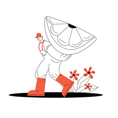 Cheerful farmer carrying a large lemon slice adorned with flowers in an illustrative style