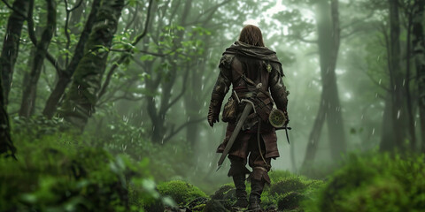 An adventurer in leather armor, armed with a compass and a trusty sword, walks through a dense forest.
