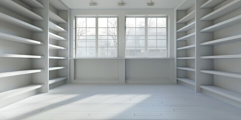 Clean and Clear: A simple white room with nothing on the walls or floor, showcasing empty shelves.