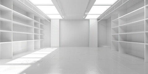 Fototapeta premium Clean and Clear: A simple white room with nothing on the walls or floor, showcasing empty shelves.