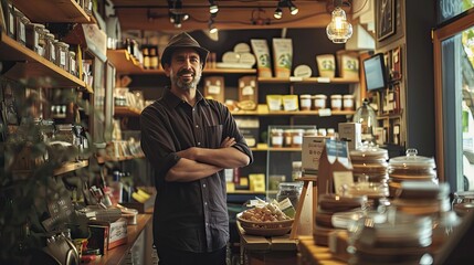 A smiling man with arms crossed stands in a shop filled with jars and products