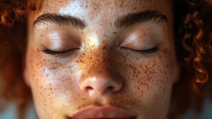  A close-up of a woman's face with freckled skin on her hair and eyes