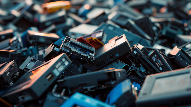A colorful array of obsolete portable cassette players and tapes piled together, reminiscent of past technology and nostalgia.