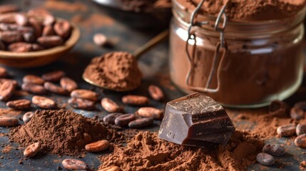 Various forms of cocoa products on a rustic background
