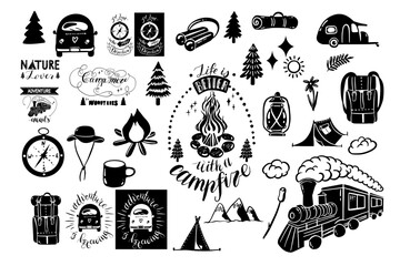 Hand drawn camping elements set. Lettering. Perfect for prints, poster, trip, travel card. Doodle vector illustration.