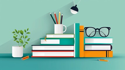 A desk with a lamp, a cup, a potted plant, and a stack of books