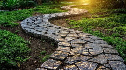 Stone pathway winding through a lush green garden, leading towards a glowing sunset, evoking peace and tranquility.
