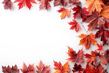 Colorful autumn leaves arranged on a white background, copy space for text, top view, flat lay