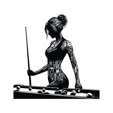 recommend clip art: Billiards, Snooker  female player in cyberpunk pattern illustration, emblem shield badge
