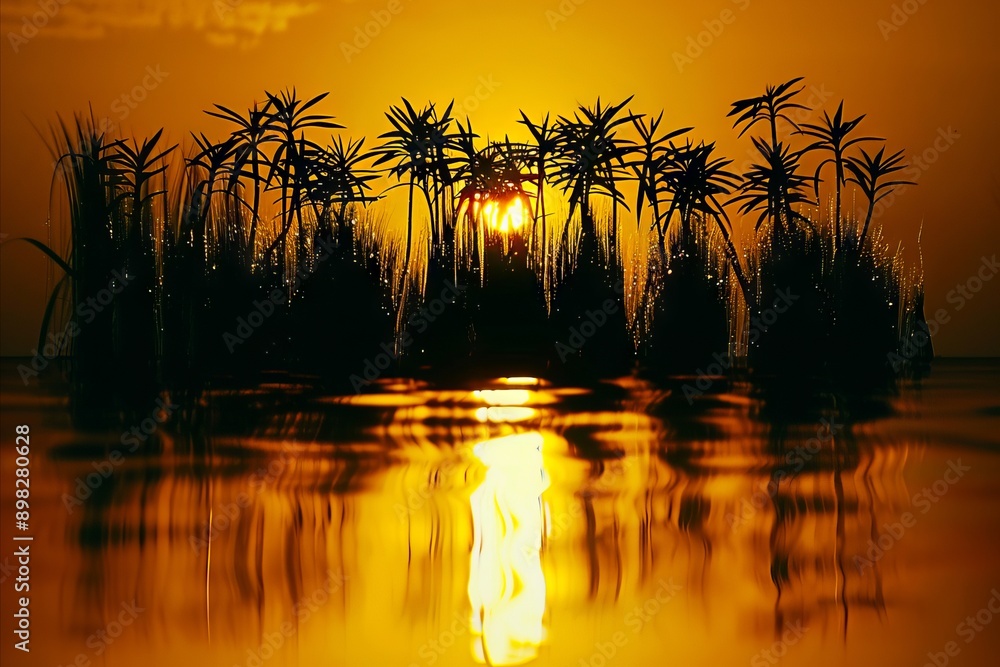 Poster A sunset with palm trees in the water.